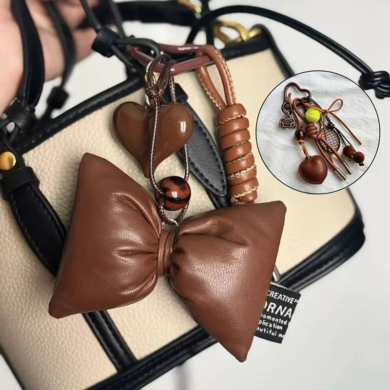 1PC Y2k Vintage Brown Leather Bow Heart Pendant Fashion Tennis Keychain Ins Braided Lanyard Keyring for Women Bag Pendant Charms