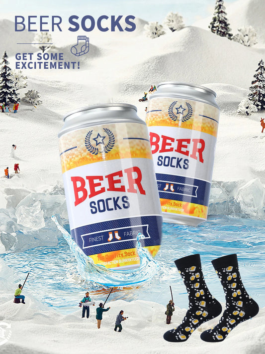1 pair of mid-calf socks for men and women, featuring a novelty beer can design, practical and suitable for holiday gifting.