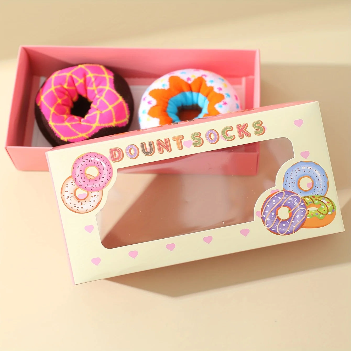 Two pairs of colorful donuts pattern fashion trendy socks are suitable for Christmas Valentine's Day gifts on Halloween