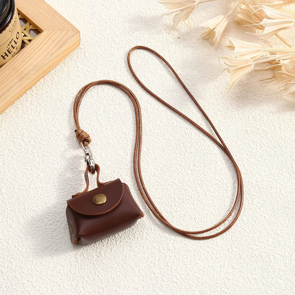 Retro Cute Small Leather Bag Long Necklace for Women Fashion Sweater Chain Neck Hanging Jewelry Versatile Accessory Gift