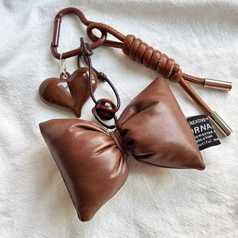 1PC Y2k Vintage Brown Leather Bow Heart Pendant Fashion Tennis Keychain Ins Braided Lanyard Keyring for Women Bag Pendant Charms