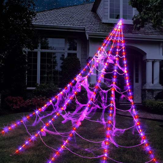 أضواء شبكة العنكبوت للهالوين 250 LED شبكة العنكبوت المضاءة العملاقة 16.4Ft زينة الهالوين للخارجية ساحة ديكور المنزل المسكون
