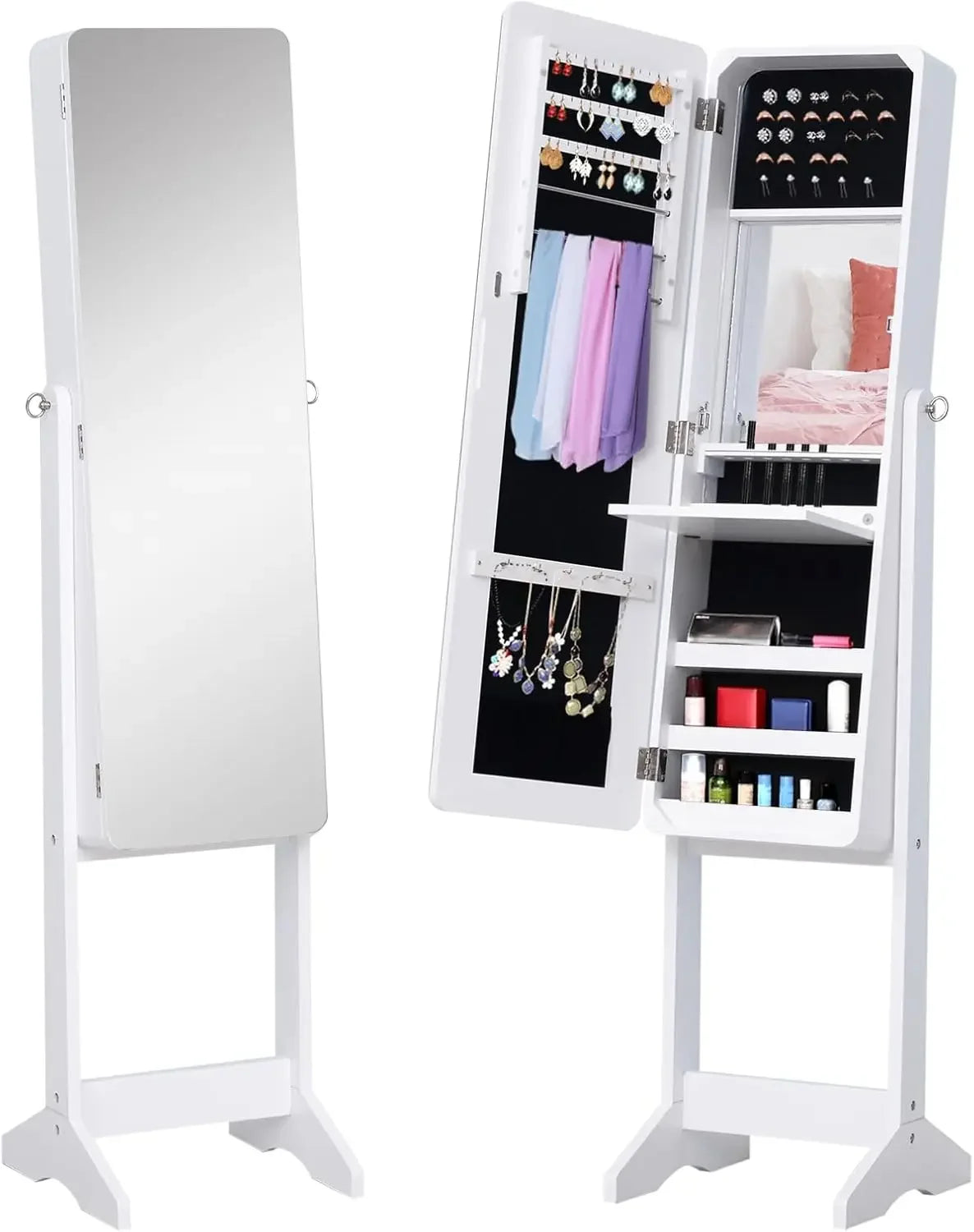 Freestanding Jewelry Cabinet with Mirror, LED Light, Tiltable Jewelry Storage, 30x36x146 Cm