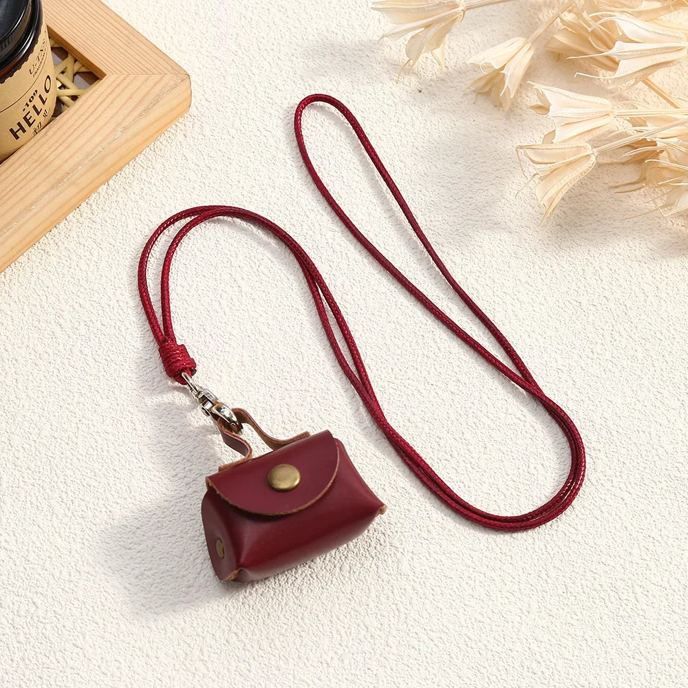 Retro Cute Small Leather Bag Long Necklace for Women Fashion Sweater Chain Neck Hanging Jewelry Versatile Accessory Gift