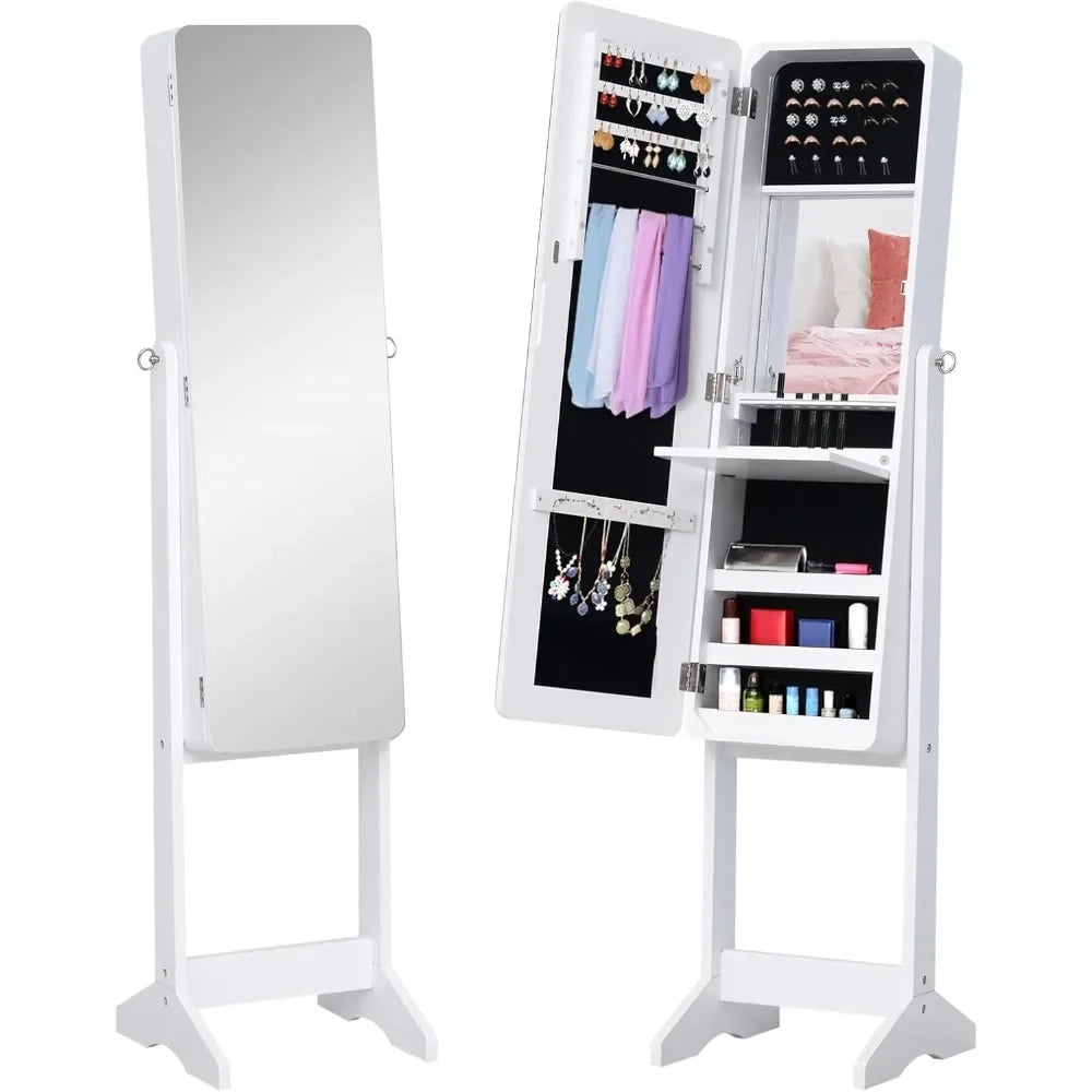 Freestanding Jewelry Cabinet with Mirror, LED Light, Tiltable Jewelry Storage, 30x36x146 Cm