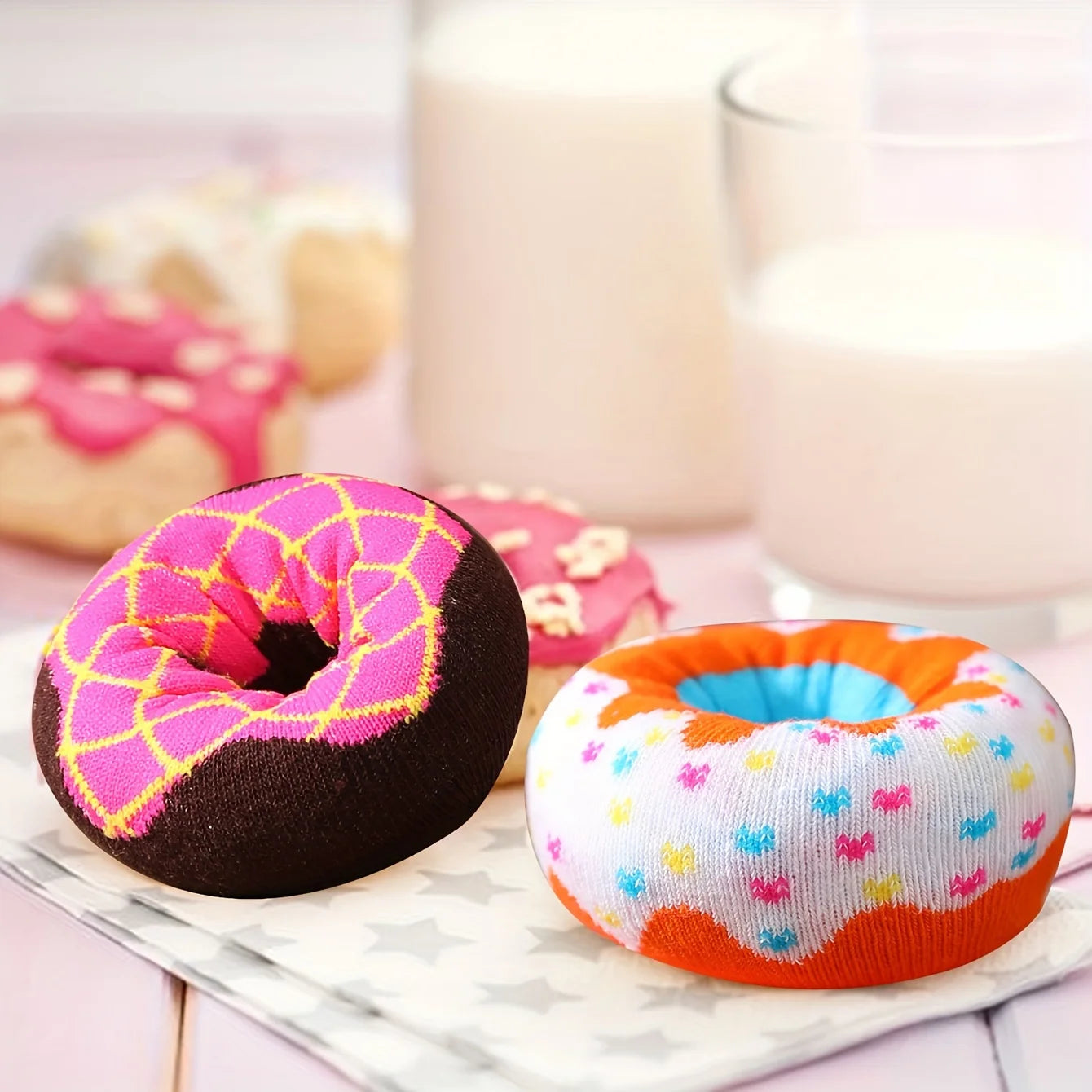 Two pairs of colorful donuts pattern fashion trendy socks are suitable for Christmas Valentine's Day gifts on Halloween