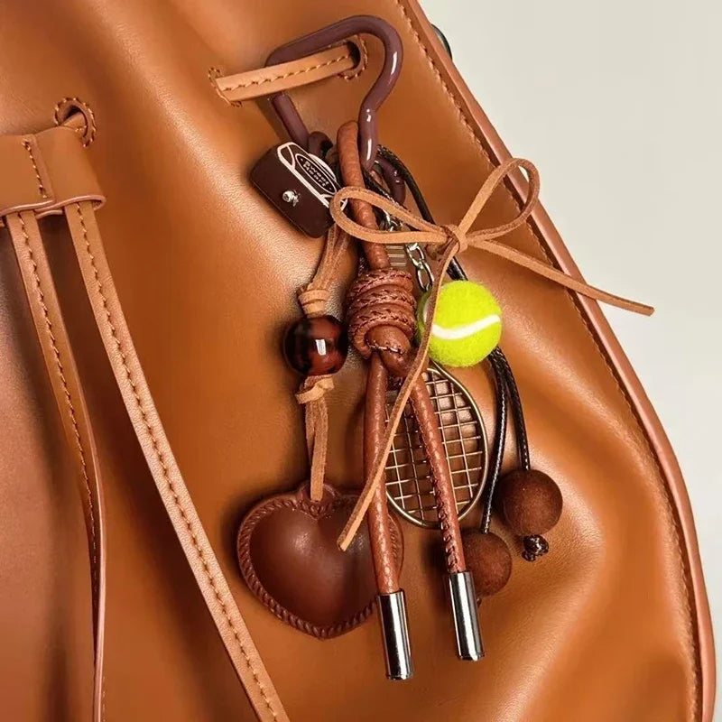 1PC Y2k Vintage Brown Leather Bow Heart Pendant Fashion Tennis Keychain Ins Braided Lanyard Keyring for Women Bag Pendant Charms