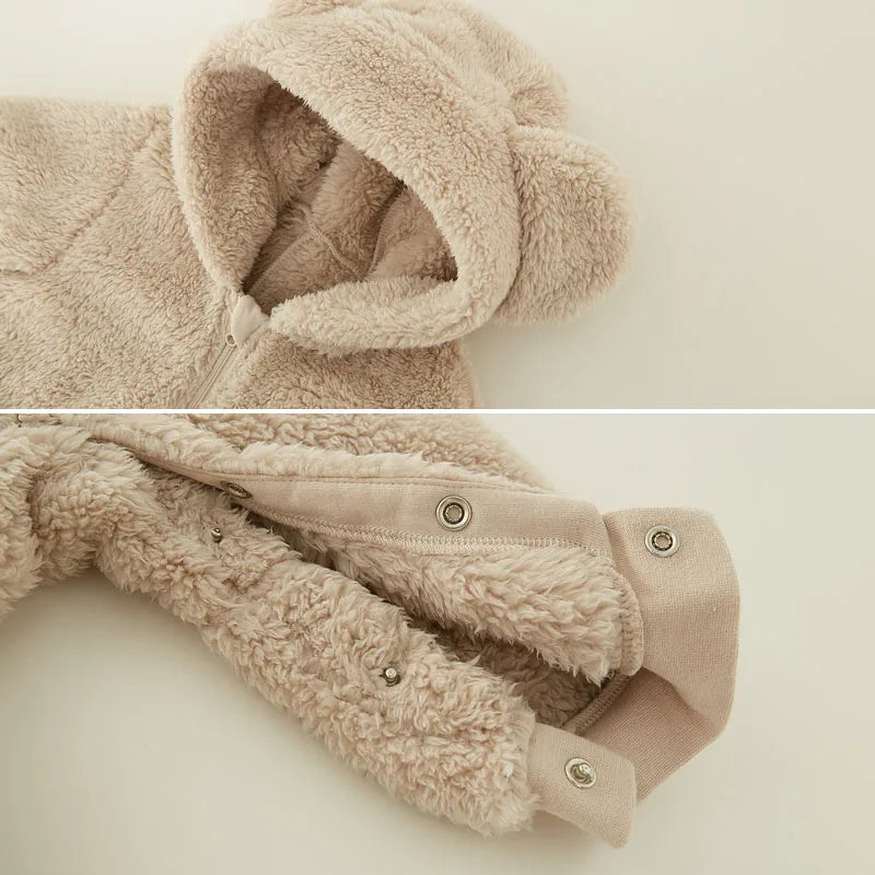 2025 Warm Fleece Hooded Jumpsuits for Baby Autumn Winter Long Sleeve Infant Rompers Newborn Boy Girl Homewear Pajamas