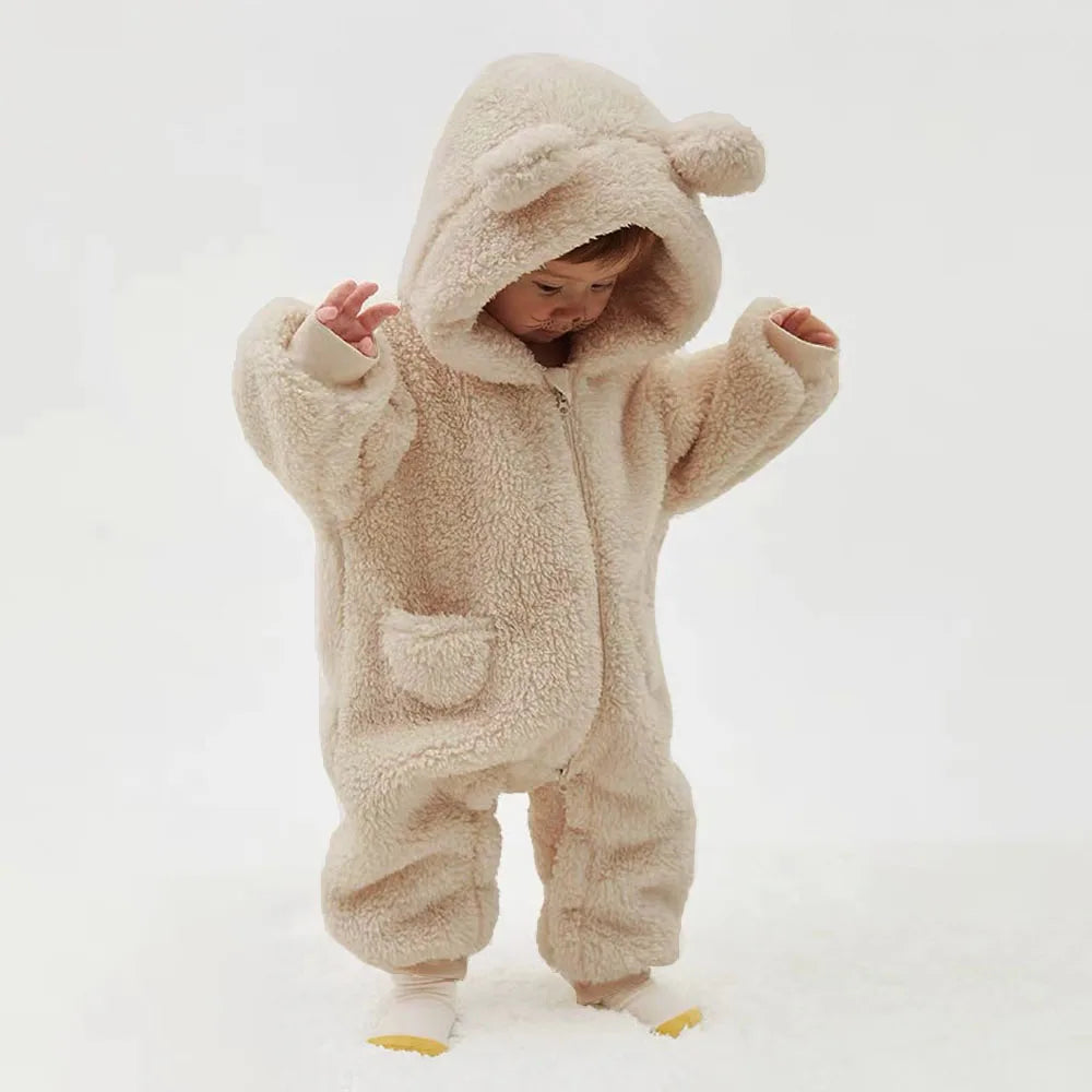 2025 Warm Fleece Hooded Jumpsuits for Baby Autumn Winter Long Sleeve Infant Rompers Newborn Boy Girl Homewear Pajamas