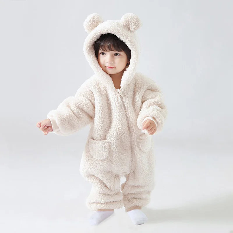 2025 Warm Fleece Hooded Jumpsuits for Baby Autumn Winter Long Sleeve Infant Rompers Newborn Boy Girl Homewear Pajamas
