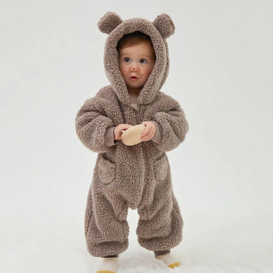 2025 Warm Fleece Hooded Jumpsuits for Baby Autumn Winter Long Sleeve Infant Rompers Newborn Boy Girl Homewear Pajamas