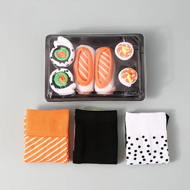 3 pairs of mid-length women's socks, colorful sushi patterns, creative gift boxes, comfortable and breathable, suitable for Chri