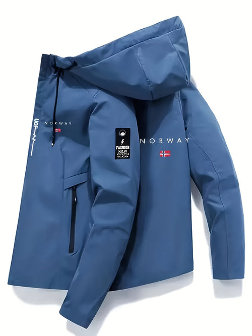 Men'S Windproof Jacket - Black with White "NORWAY" Print, Breathable & Comfortable for Outdoor Sports, Cycling, and Casual Wear, Windbreaker Jacket