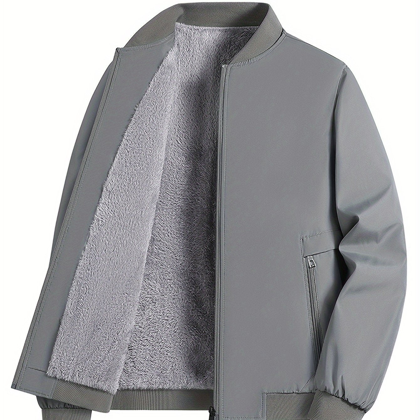 Men's Winter Insulated Full-Zip Jacket with Fleece Lining - Grey Casual Baseball Collar Coat, Zippered Pockets & Polyester Shell for Cold Weather, Outdoor & Everyday Use - Hand Washable (No Dry Clean)
