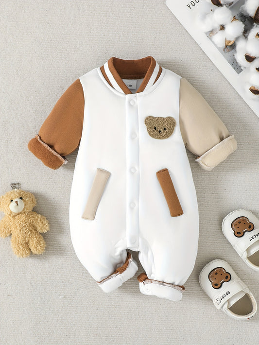 Boys' Bear Pattern Knit Fleece Romper with Pockets - Casual Baseball Style, Brown & White Color Block, Perfect for Fall/Winter Outdoor Activities, Ideal Gift for Newborns, Bear Baby Clothes, for Outdoor