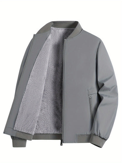 Men's Winter Insulated Full-Zip Jacket with Fleece Lining - Grey Casual Baseball Collar Coat, Zippered Pockets & Polyester Shell for Cold Weather, Outdoor & Everyday Use - Hand Washable (No Dry Clean)