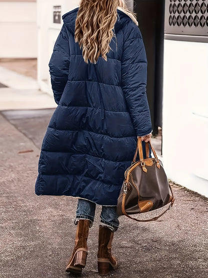 Elegant Long Padded Jacket Coat with Fleece Lining, Polyester, Solid Color, Knee-Length, Regular Long Sleeve, Zipper Detail - Winter Warmth Outerwear
