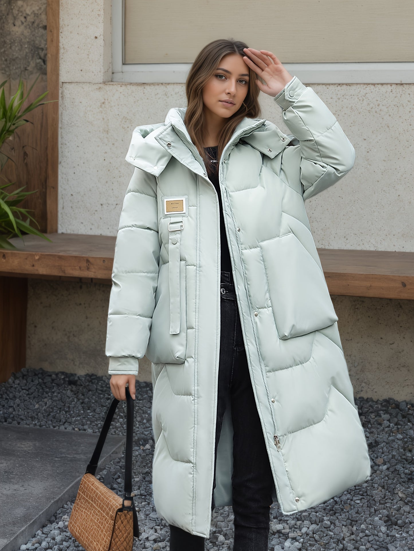 Women's Elegant Winter Thickened Padded Coat - Long Full-Length Warm Jacket with Zipper Closure, Solid Color (//Navy/Burgundy/), Machine Washable Outer Outerwear