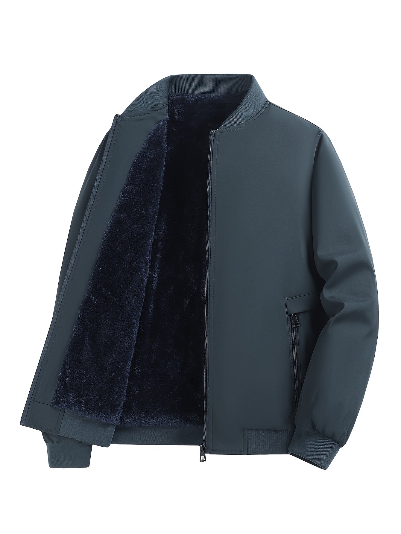 Men's Winter Insulated Full-Zip Jacket with Fleece Lining - Grey Casual Baseball Collar Coat, Zippered Pockets & Polyester Shell for Cold Weather, Outdoor & Everyday Use - Hand Washable (No Dry Clean)