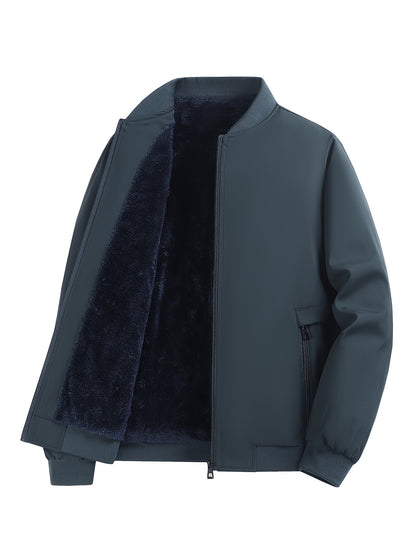 Men's Winter Insulated Full-Zip Jacket with Fleece Lining - Grey Casual Baseball Collar Coat, Zippered Pockets & Polyester Shell for Cold Weather, Outdoor & Everyday Use - Hand Washable (No Dry Clean)