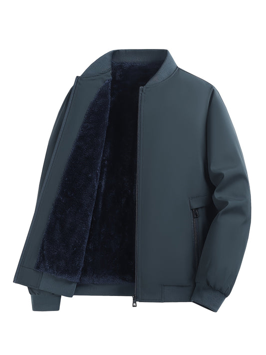 Men's Winter Insulated Full-Zip Jacket with Fleece Lining - Grey Casual Baseball Collar Coat, Zippered Pockets & Polyester Shell for Cold Weather, Outdoor & Everyday Use - Hand Washable (No Dry Clean)