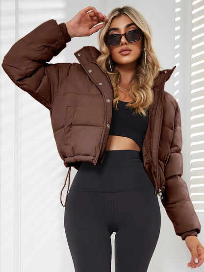 Women's Stylish Black Hooded Puffer Jacket - Casual Short Warm Outerwear with Drawstring Design, Long Sleeves, and Button-Up Front for Winter Comfort, Winter Jacket