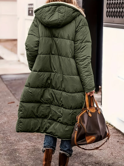 Elegant Long Padded Jacket Coat with Fleece Lining, Polyester, Solid Color, Knee-Length, Regular Long Sleeve, Zipper Detail - Winter Warmth Outerwear