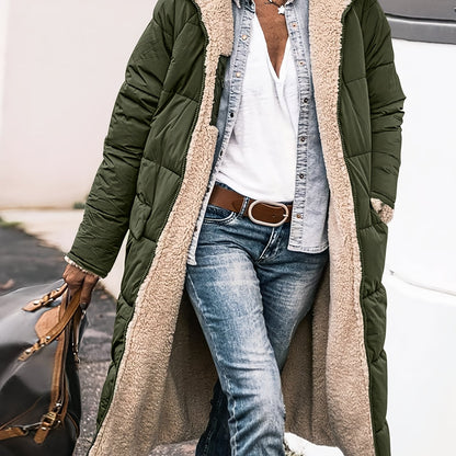 Elegant Long Padded Jacket Coat with Fleece Lining, Polyester, Solid Color, Knee-Length, Regular Long Sleeve, Zipper Detail - Winter Warmth Outerwear