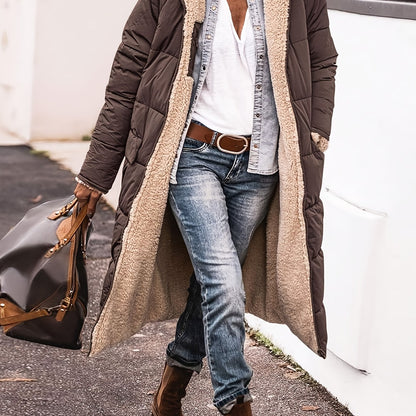 Elegant Long Padded Jacket Coat with Fleece Lining, Polyester, Solid Color, Knee-Length, Regular Long Sleeve, Zipper Detail - Winter Warmth Outerwear