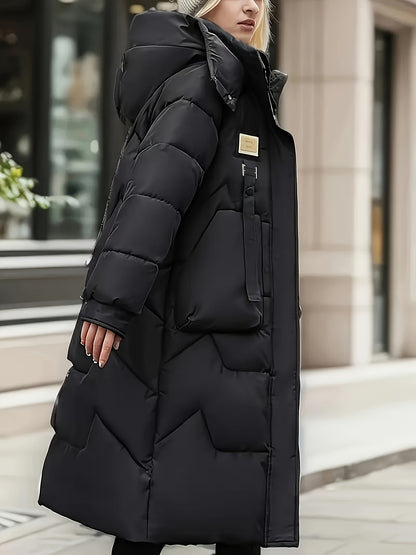Women's Elegant Winter Thickened Padded Coat - Long Full-Length Warm Jacket with Zipper Closure, Solid Color (//Navy/Burgundy/), Machine Washable Outer Outerwear