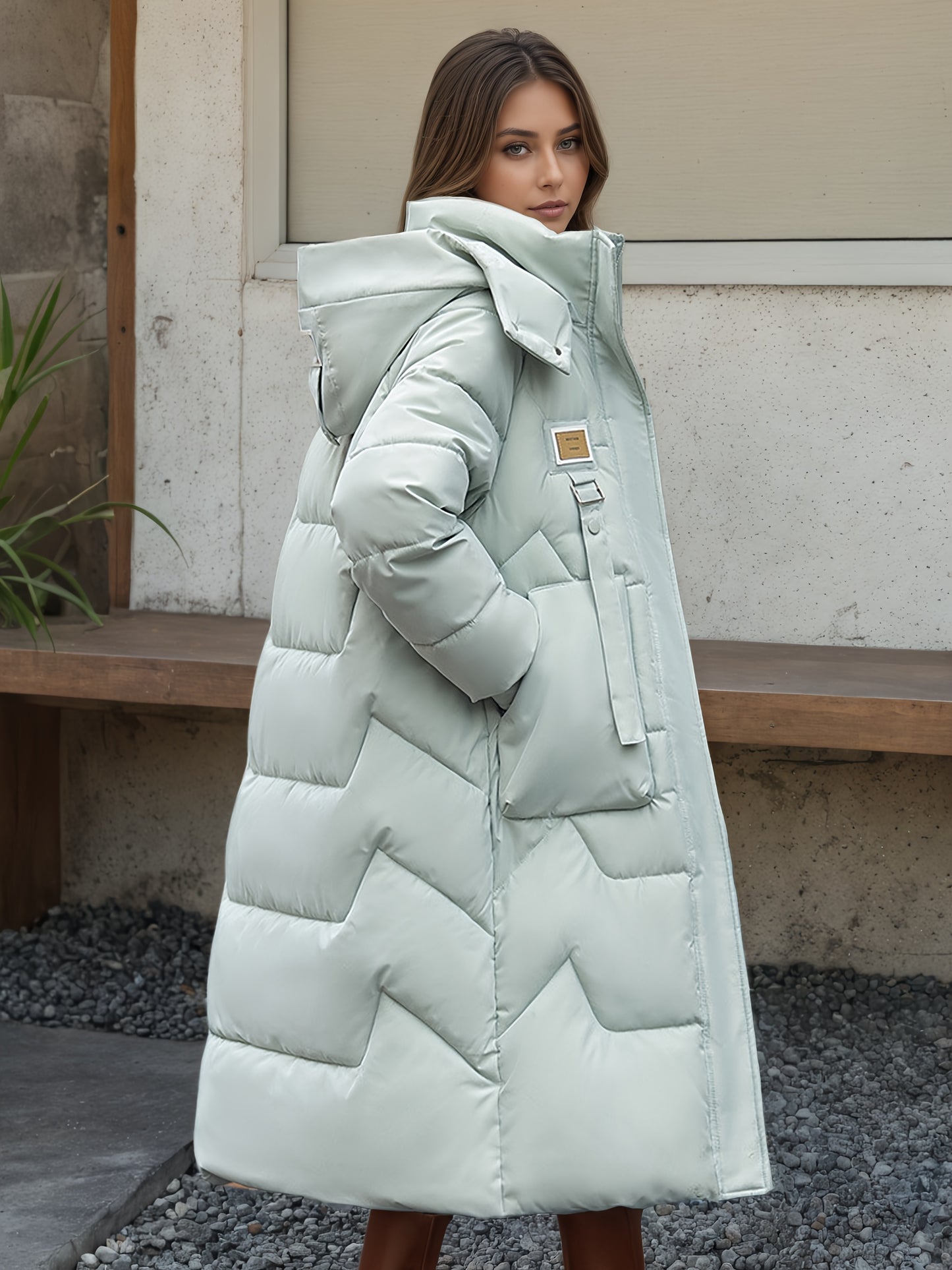 Women's Elegant Winter Thickened Padded Coat - Long Full-Length Warm Jacket with Zipper Closure, Solid Color (//Navy/Burgundy/), Machine Washable Outer Outerwear