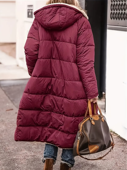 Elegant Long Padded Jacket Coat with Fleece Lining, Polyester, Solid Color, Knee-Length, Regular Long Sleeve, Zipper Detail - Winter Warmth Outerwear