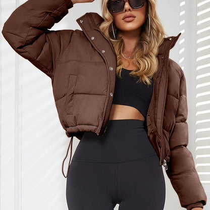 Women's Stylish Black Hooded Puffer Jacket - Casual Short Warm Outerwear with Drawstring Design, Long Sleeves, and Button-Up Front for Winter Comfort, Winter Jacket