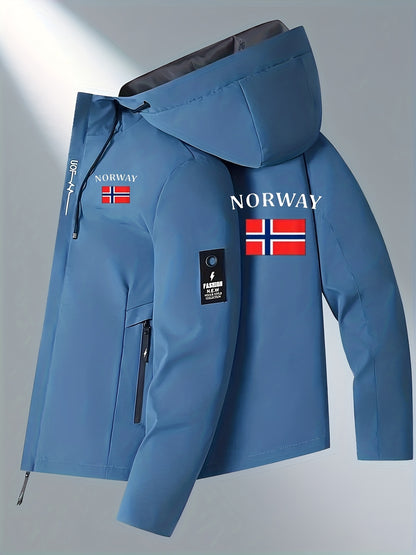 Men'S Windproof Jacket - Black with White "NORWAY" Print, Breathable & Comfortable for Outdoor Sports, Cycling, and Casual Wear, Windbreaker Jacket