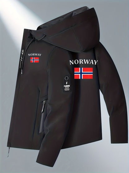 Men'S Windproof Jacket - Black with White "NORWAY" Print, Breathable & Comfortable for Outdoor Sports, Cycling, and Casual Wear, Windbreaker Jacket