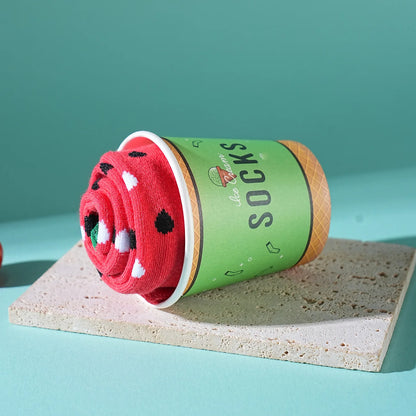 1 paar halfhoge sokken voor mannen en vrouwen, nieuwigheid en leuk, kleurrijke groene cup ijs geschenkdoos sokken, Europese en Amerikaanse modetrendstijl, comfortabel en ademend, feest casual nieuwigheidscadeau, Valentijnsdag, Kerstmis, kerstman, herfst-