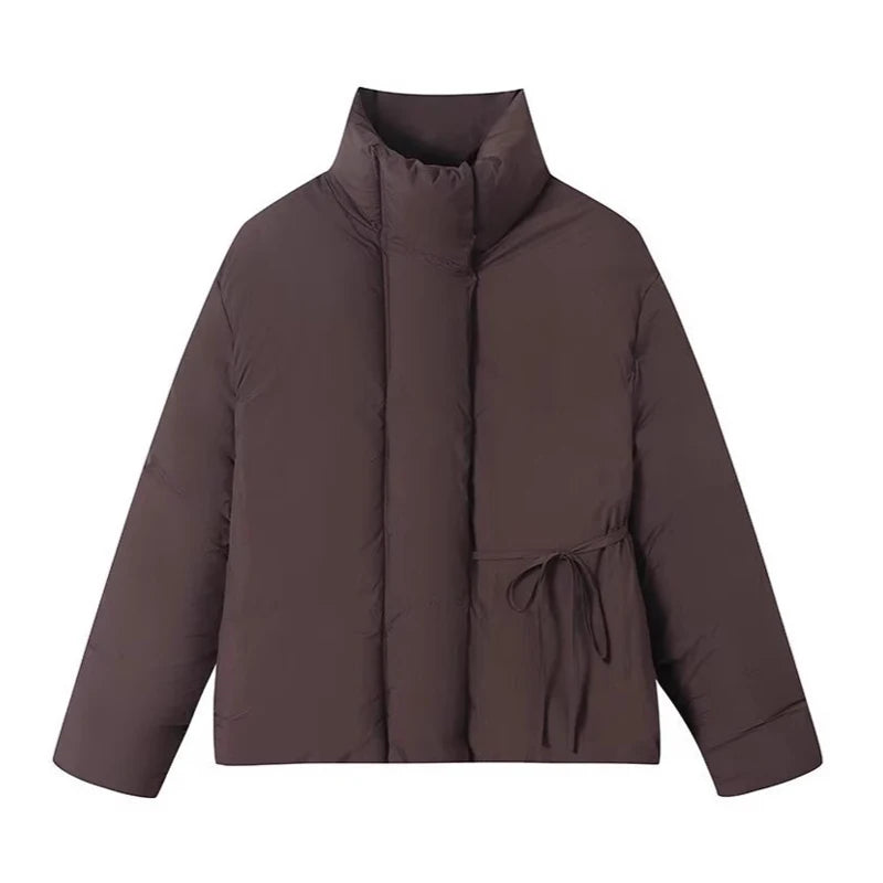 QUOTED Casual Lace Up Women Winter Coats 2025 Belt Stand Collar Zipper Full Sleeve Kimono Jacket Lady Solid Thick Warm Outwear New