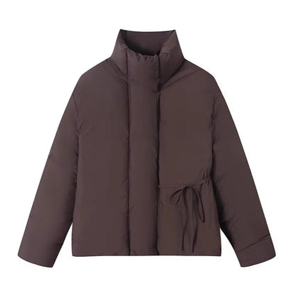 QUOTED Casual Lace Up Women Winter Coats 2025 Belt Stand Collar Zipper Full Sleeve Kimono Jacket Lady Solid Thick Warm Outwear New