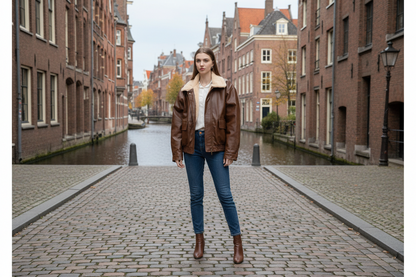 Oversized Bruin Faux-Leren Bomberjack met Fleece Kraag