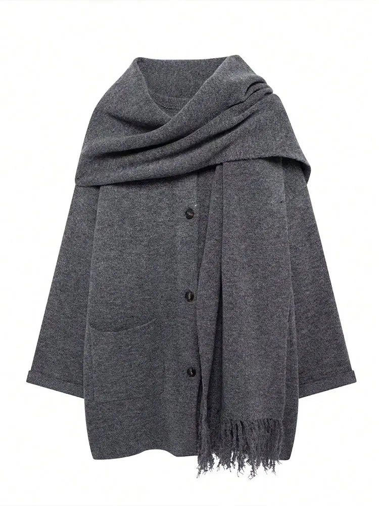 QUOTED Vrouwen Elegante Mode Gebreid Vest Jassen Met Sjaal Single Breasted Lange Mouw Jassen High Street Lady Chic Bovenkleding