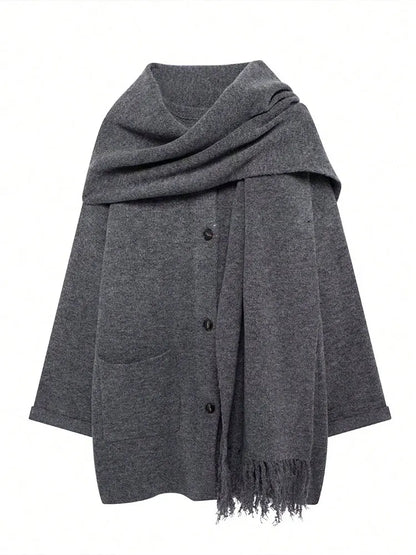 QUOTED Vrouwen Elegante Mode Gebreid Vest Jassen Met Sjaal Single Breasted Lange Mouw Jassen High Street Lady Chic Bovenkleding