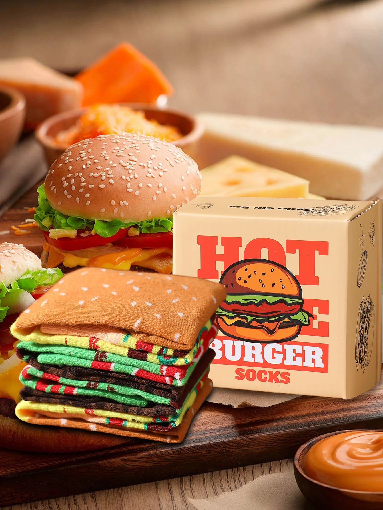 2-paar dezelfde heren- en damessokken met een uniek, creatief en interessant hamburgerontwerp als vakantiecadeau