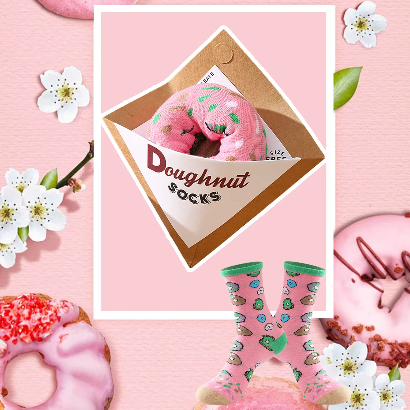1 Pair of Mid-Calf Men's Socks, Suitable for Both Men and Women, Novel and Fun Colorful Donut Box Socks, European and American Fashion Trend Style, Comfortable and Breathable, Party Casual Novelty Gifts, Valentine's Day, Christmas, Santa Claus, Autumn and