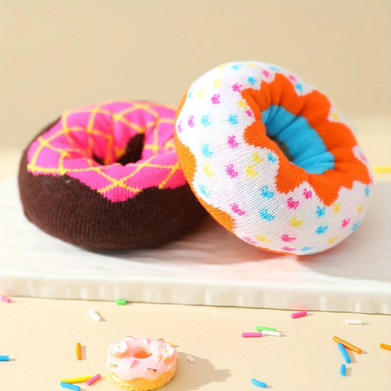 Two pairs of colorful donuts pattern fashion trendy socks are suitable for Christmas Valentine's Day gifts on Halloween