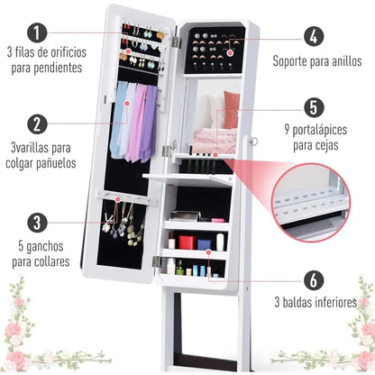 Freestanding Jewelry Cabinet with Mirror, LED Light, Tiltable Jewelry Storage, 30x36x146 Cm