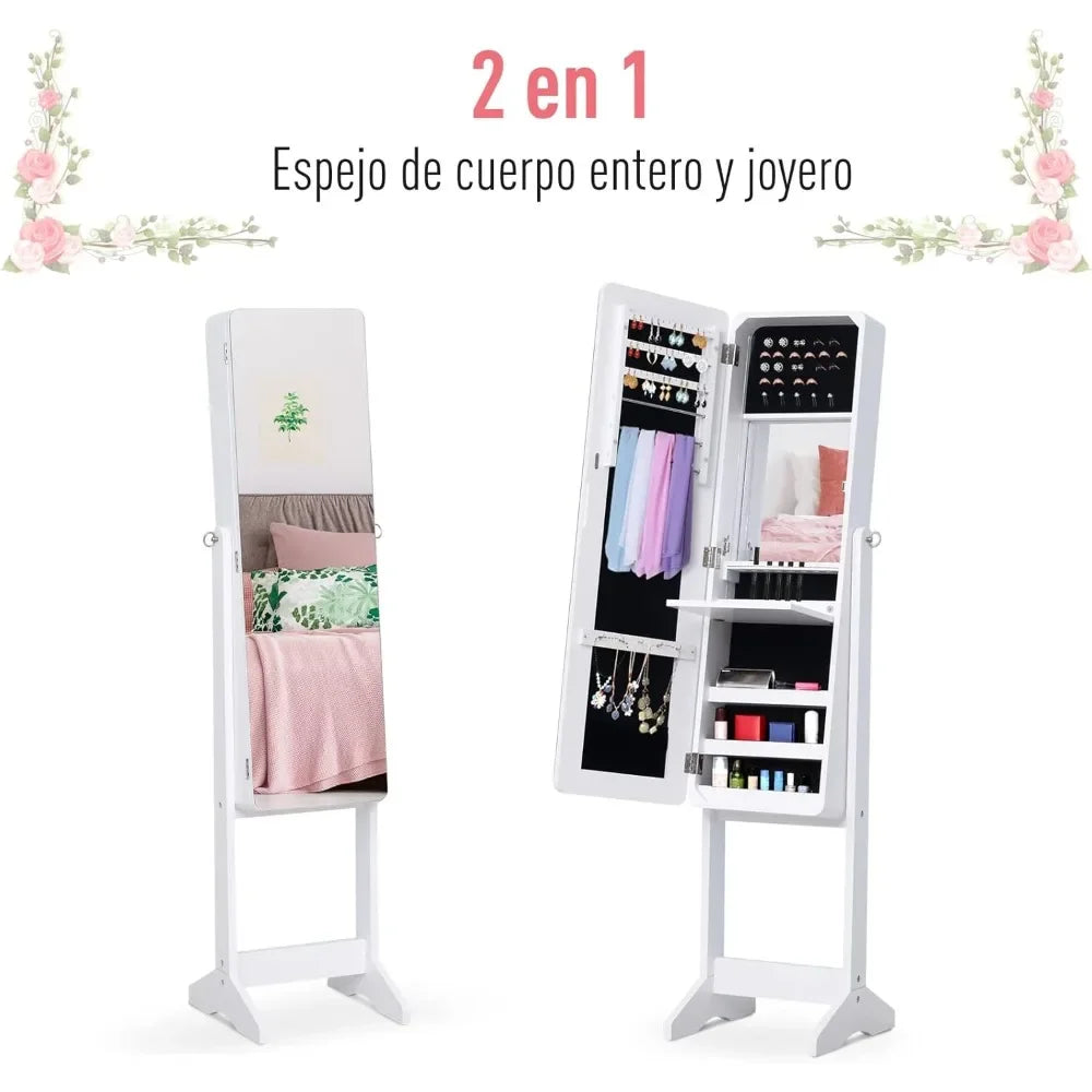 Freestanding Jewelry Cabinet with Mirror, LED Light, Tiltable Jewelry Storage, 30x36x146 Cm