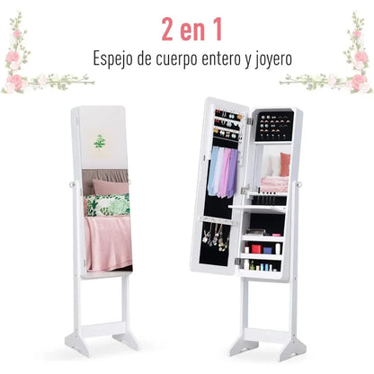 Freestanding Jewelry Cabinet with Mirror, LED Light, Tiltable Jewelry Storage, 30x36x146 Cm