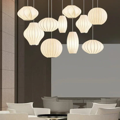 Modern Pure White Silk Pendant Lamp Home Decor Chandeliers for Living Room Bedroom Nordic Drop Light Indoor Lighting Fixtures