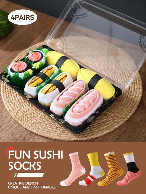 4pair of mid-calf unisex socks in a salmon sushi design, a novel and creative practical gift that is fun for the holidays.