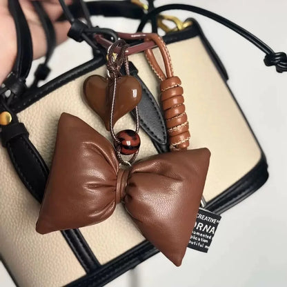 1PC Y2k Vintage Brown Leather Bow Heart Pendant Fashion Tennis Keychain Ins Braided Lanyard Keyring for Women Bag Pendant Charms